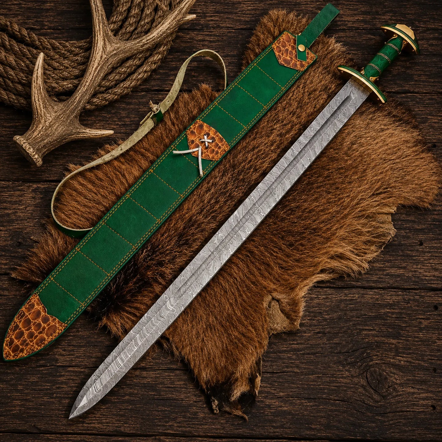 Verdantfang Damascus steel long sword with green leather sheath