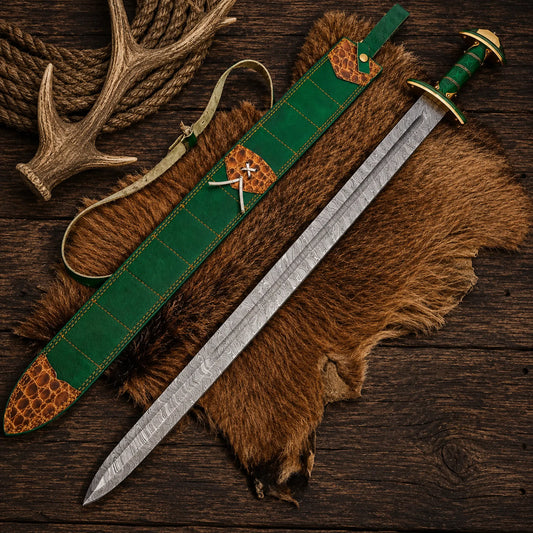 Verdantfang Damascus steel long sword with green leather sheath