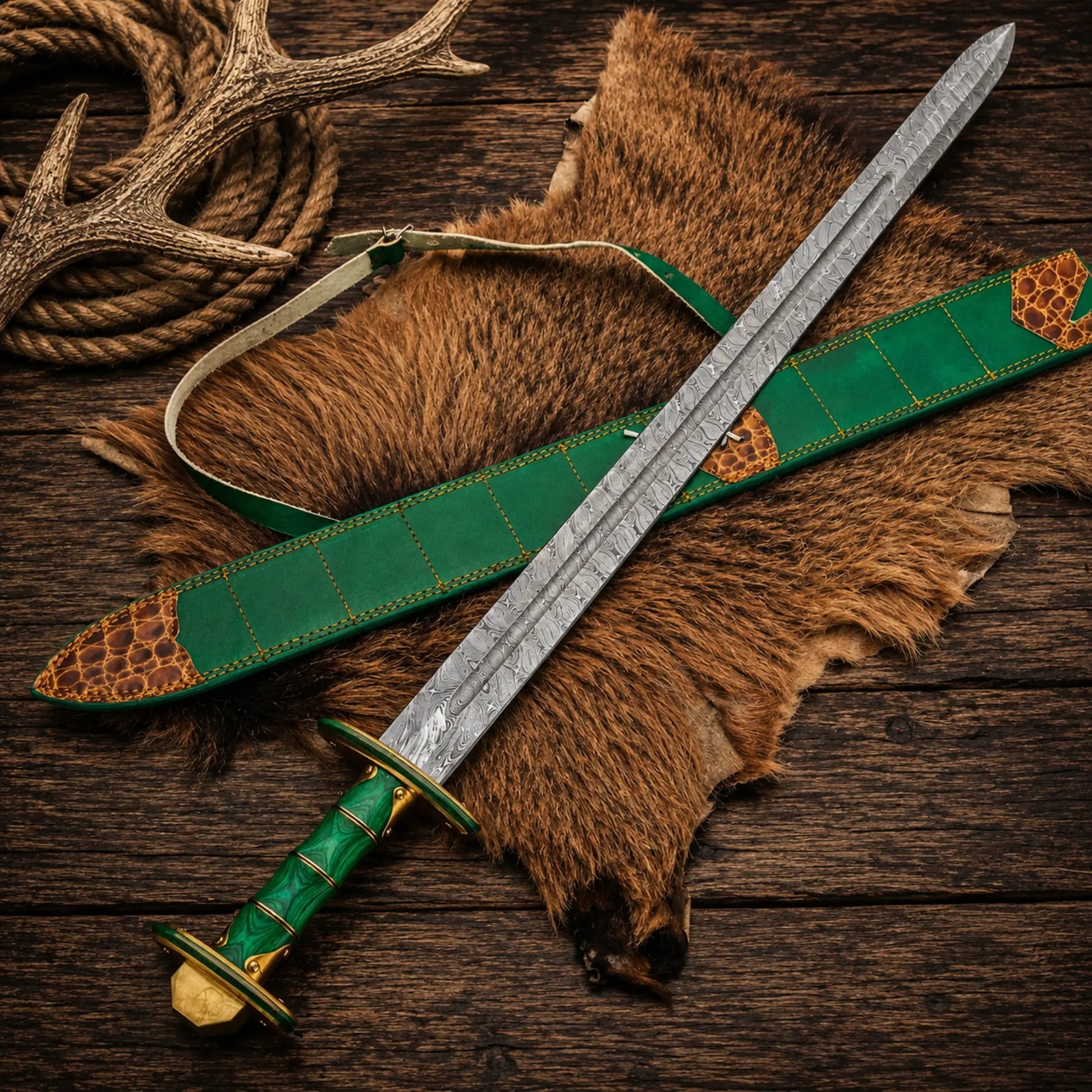 Legendary Verdantfang sword displayed with leather sheath, rope and antler.