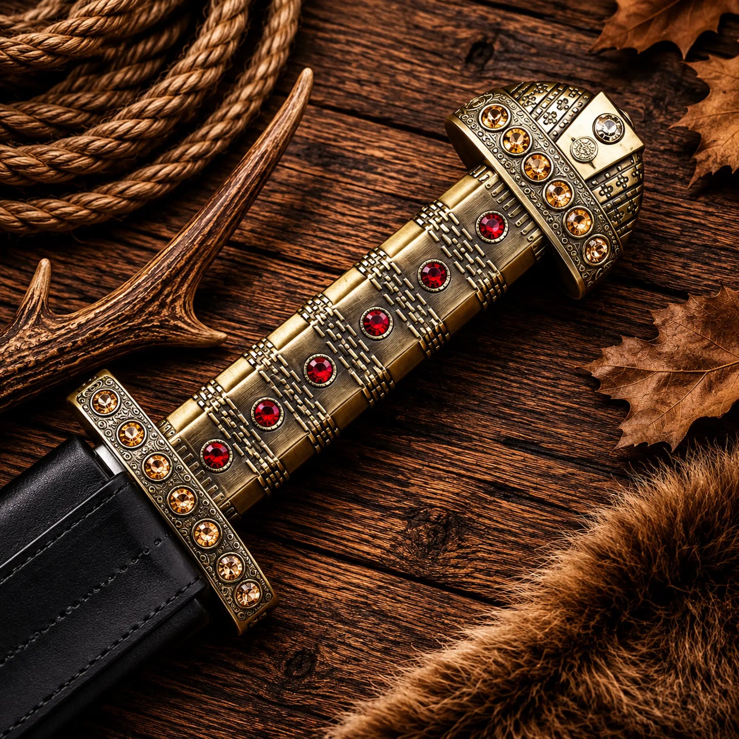 Traditional Viking sword with decorative gemstone pommel and metal handle close up