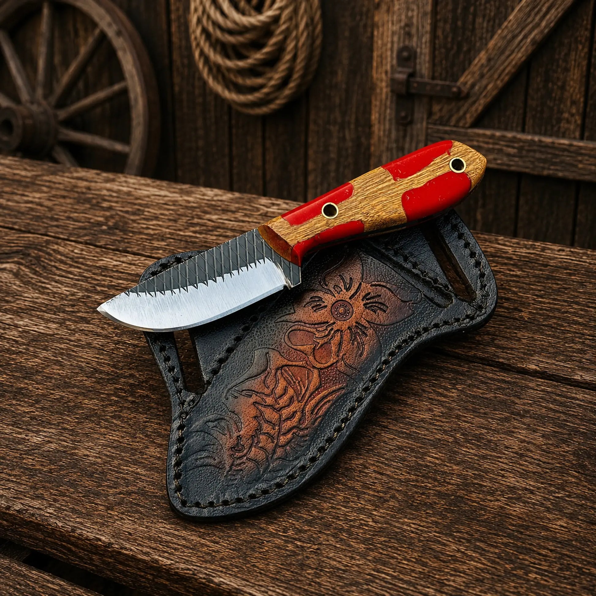 Custom Ferrier rasp steel knife featuring red resin handle and hand-tooled leather sheath.