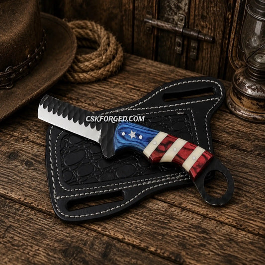 Handmade Western Bull Cutter Knife with 1095 powder-coated steel blade, Texas Flag handle, ring tail grip, and premium leather belt sheath.