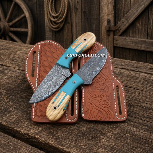 Western Cowboy Skinning Knife Set with Damascus steel blades and turquoise olive wood handles.