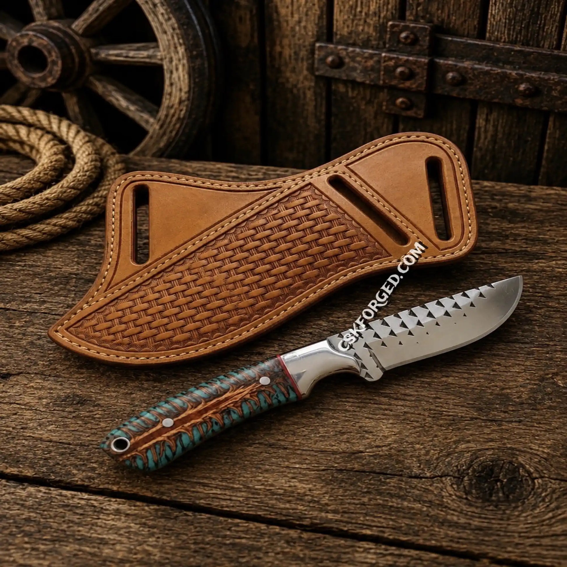 Western hunting knife with cowhide pancake leather sheath.