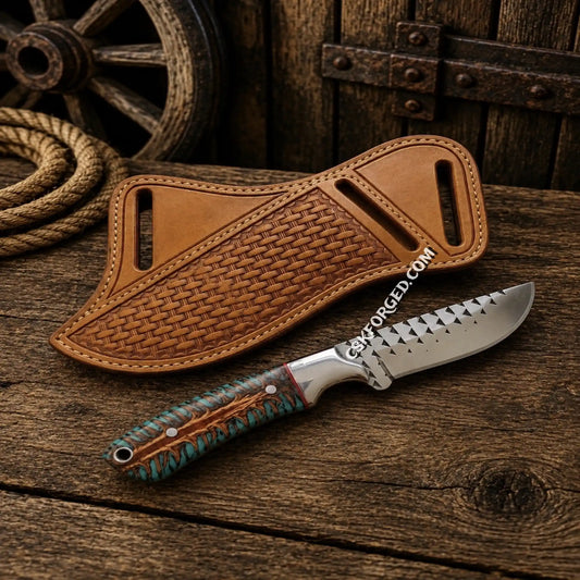 Western hunting knife with cowhide pancake leather sheath.
