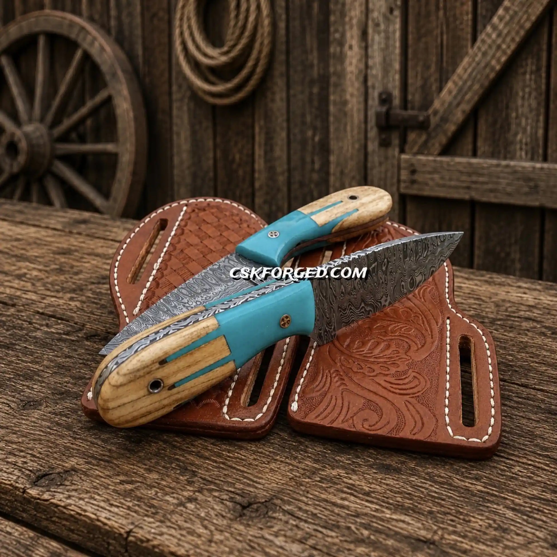Cowboy ranch knife set with turquoise resin handles and premium cross draw leather sheaths