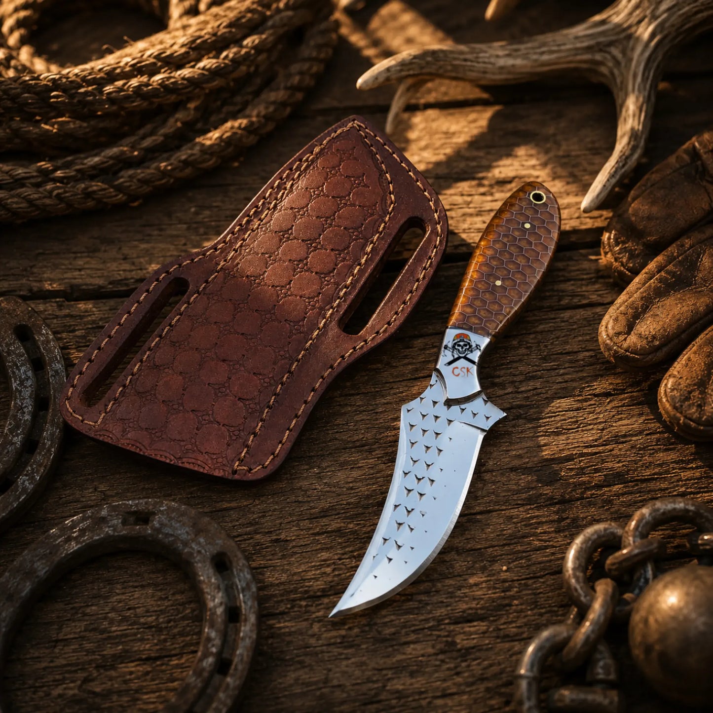 CSKFORGED Wild Bill cowboy knife with honeycomb handle and cross-draw leather belt sheath