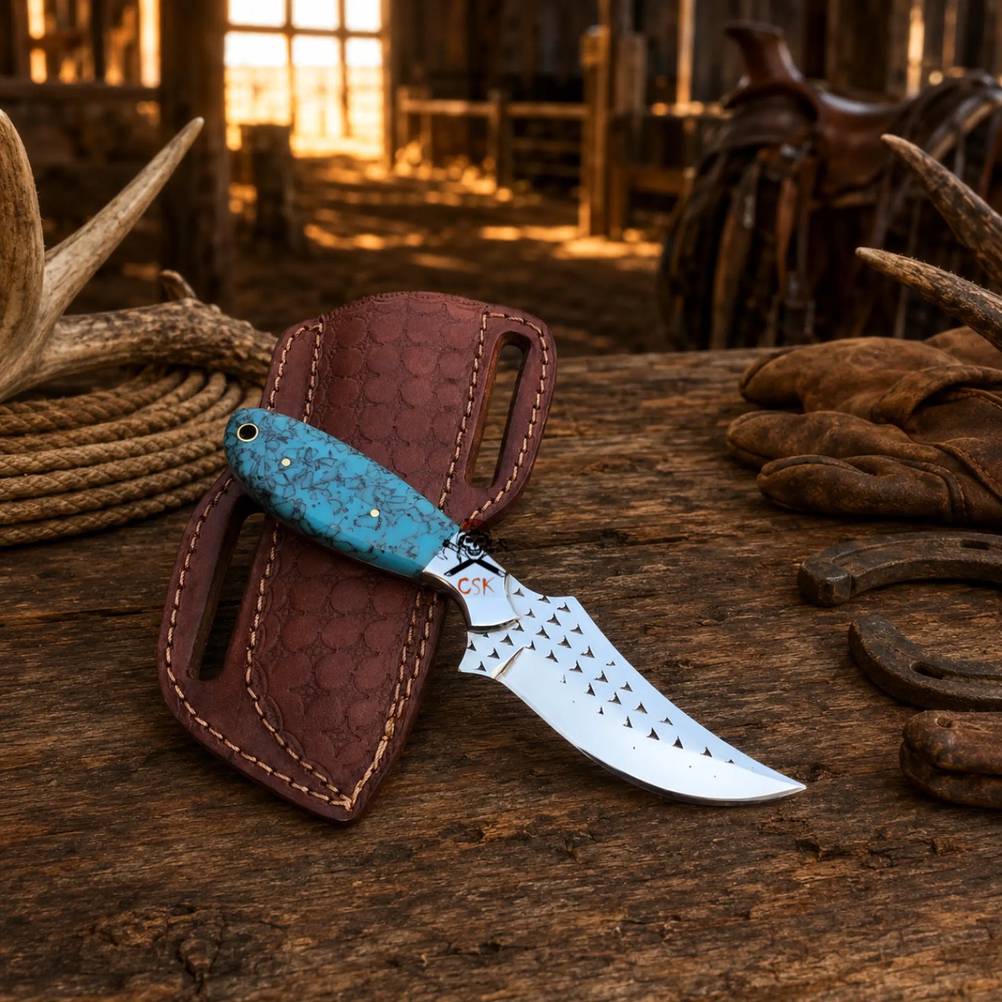 Wrangler’s Western skinning knife with 4 inch rasp steel blade with cross-draw leather sheath