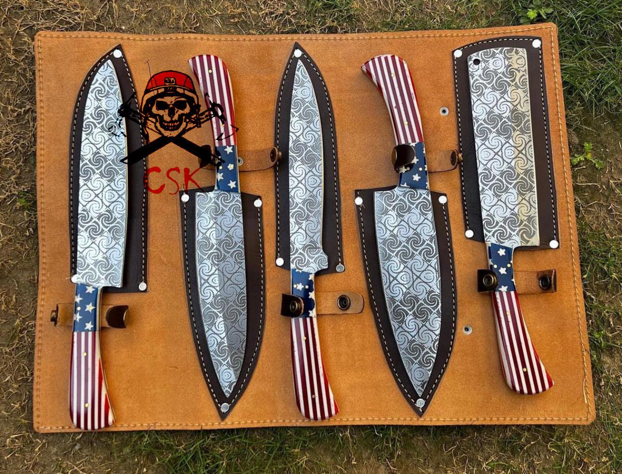 5 pieces D2 steel USA Flag kitchen chef knives - Image #1