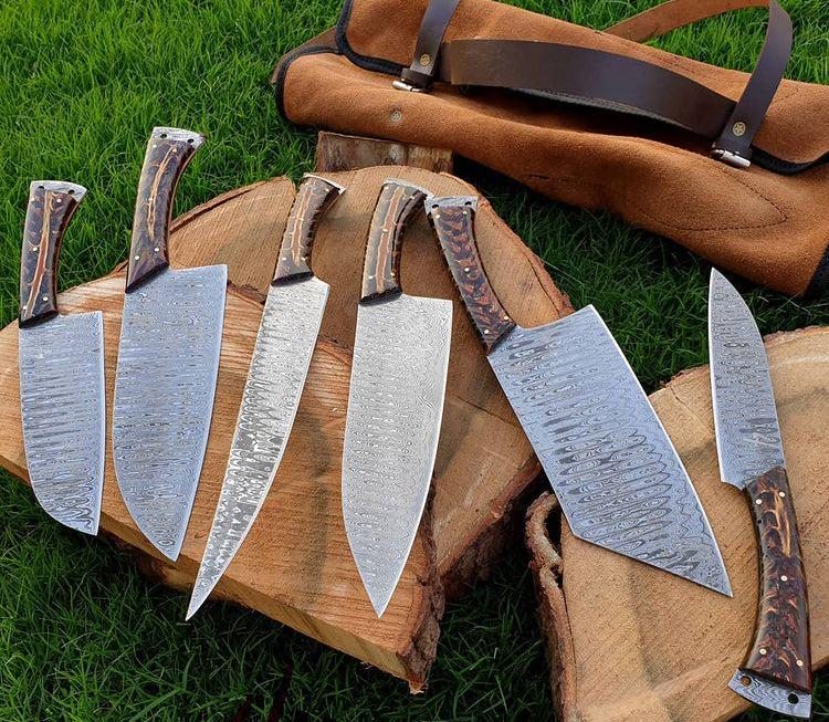 6 pieces custom made Damascus steel chef knives set - Image #1
