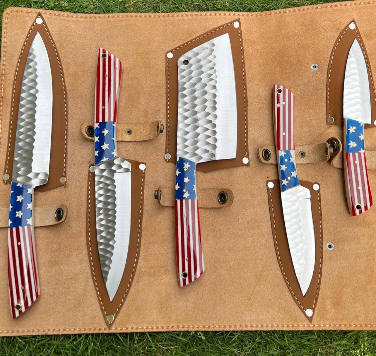 5 pieces Hand Forged D2 steel Texas Flag kitchen chef knives - Image #2