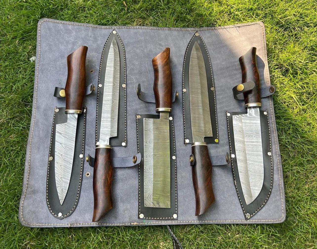 5 pieces custom made Damascus steel chef knives set - Image #1