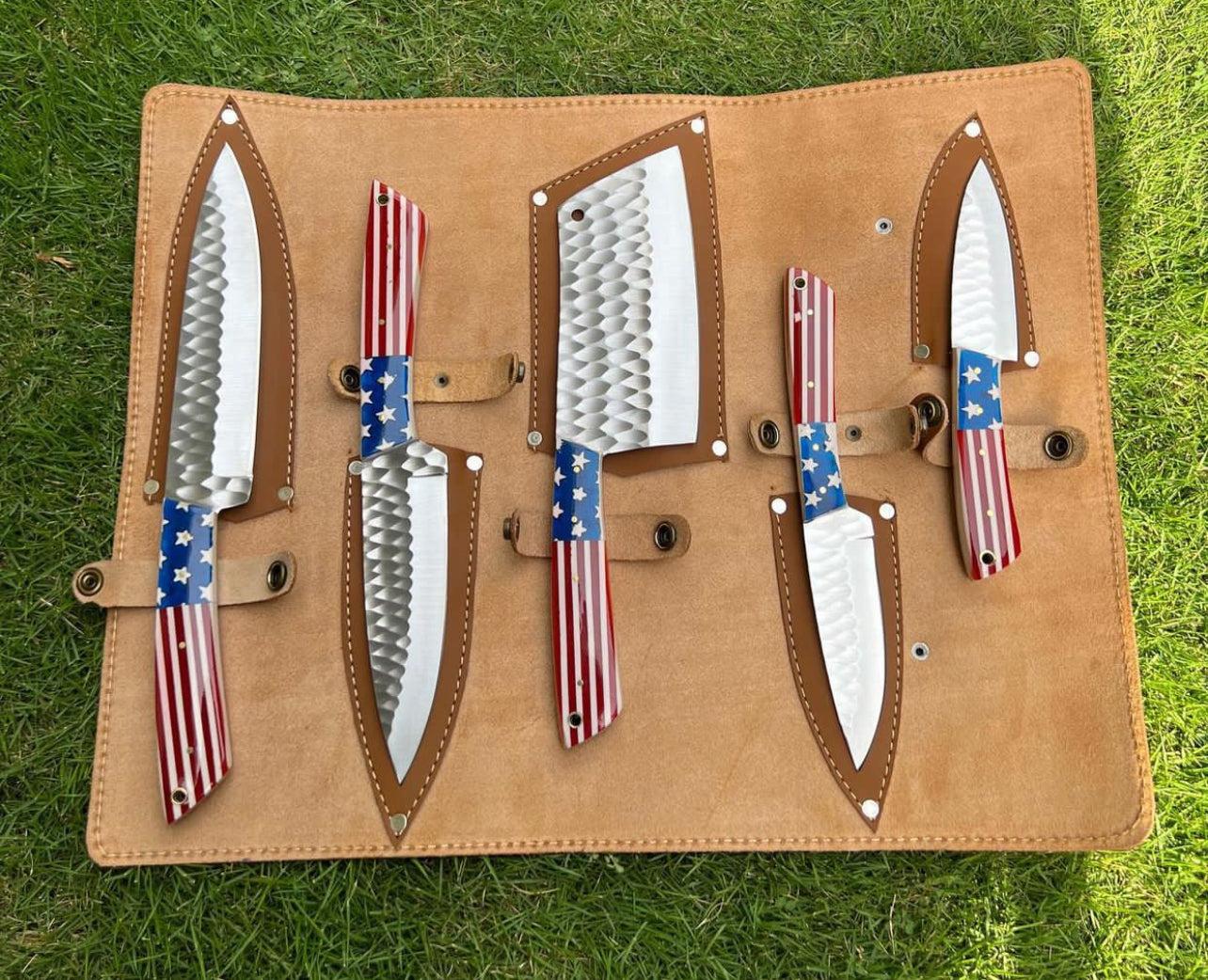 5 pieces Hand Forged D2 steel Texas Flag kitchen chef knives - Image #1