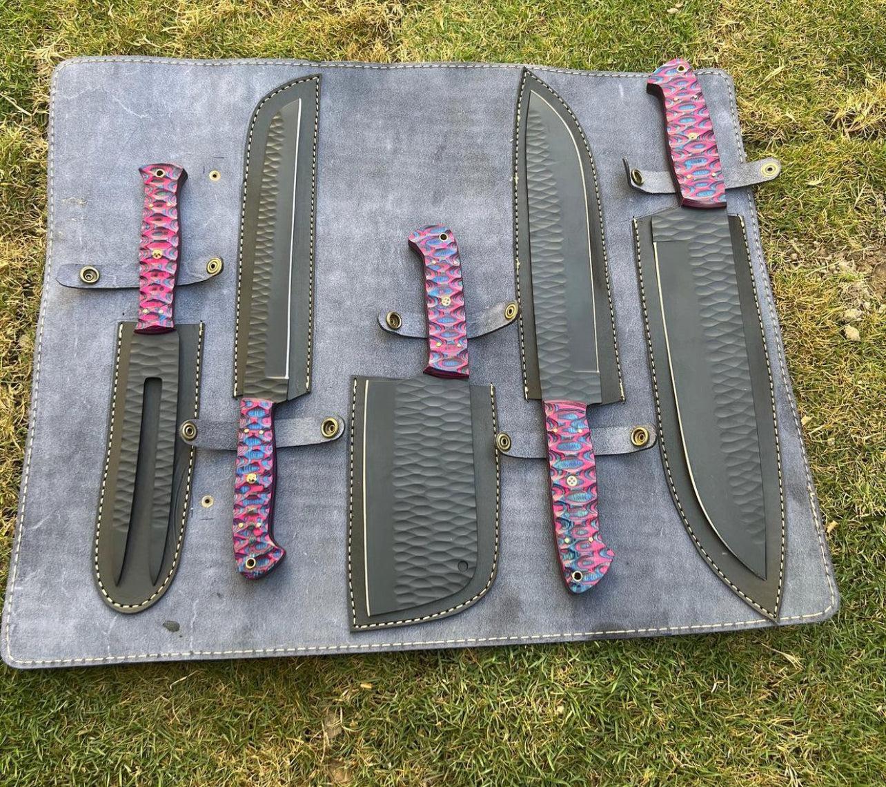 5 pieces Hand Forged Butcher kitchen chef knives & Fork set - Image #1