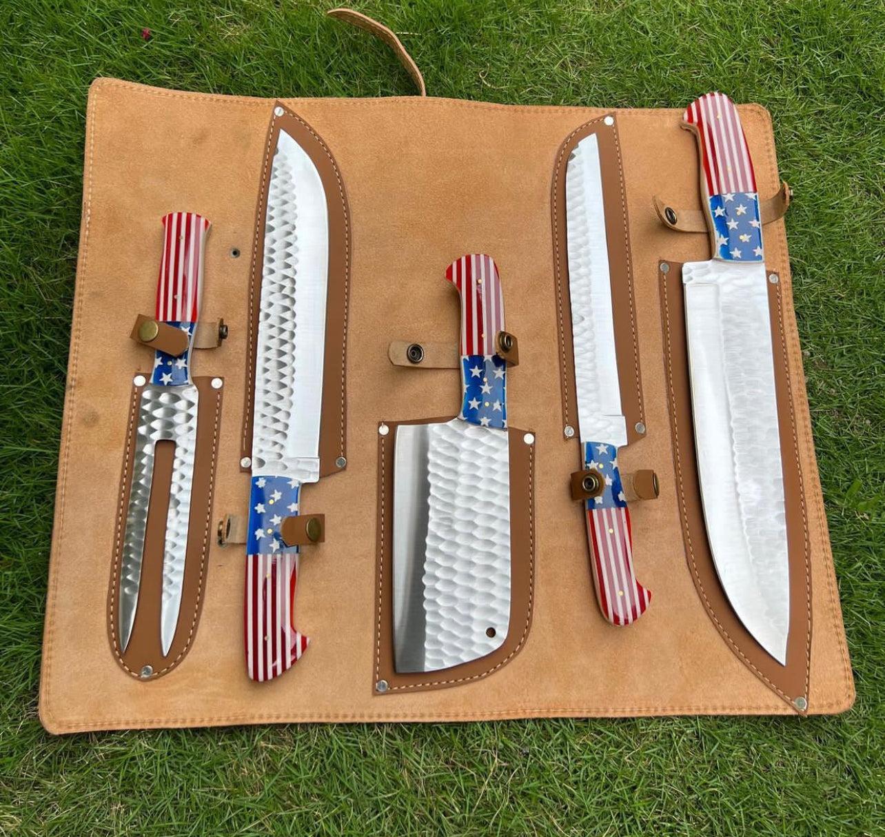 5 pieces Hand Forged D2 steel USA Flag kitchen chef knives - Image #1