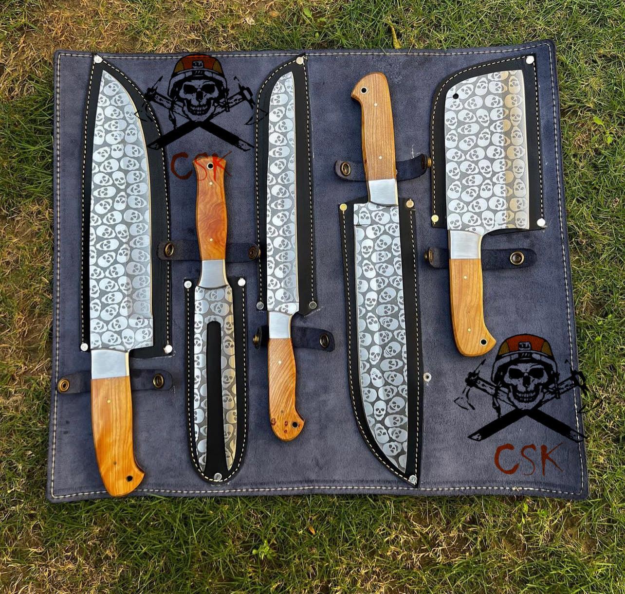 5 pieces Custom made D2 steel laser Etched Blades chef knives set - Image #1
