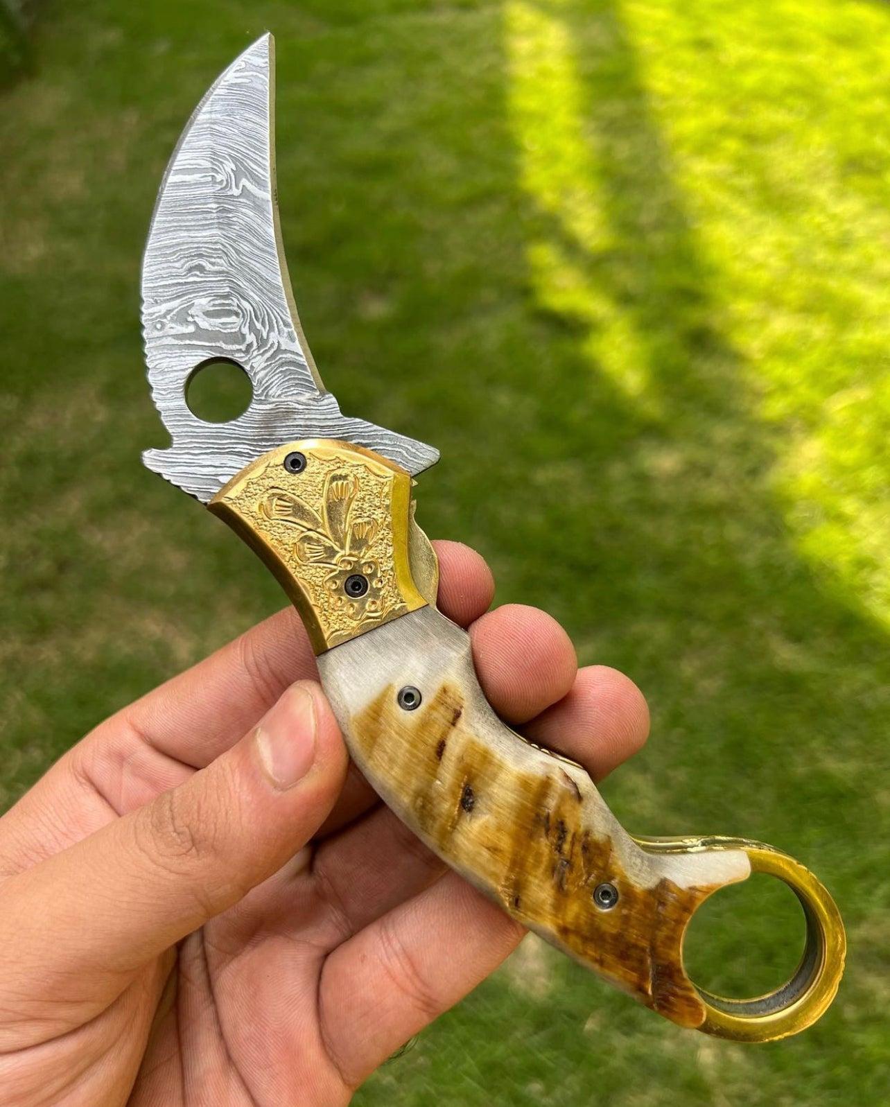 Custom Handmade Damascus Folding Pocket Knife With Karambit Design - Image #1