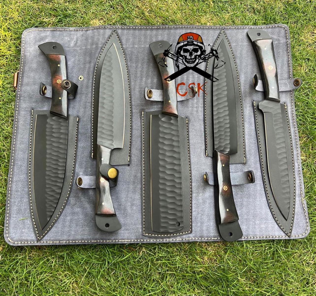 5 pieces custom made d2 steel Black coated chef knives set - Image #1