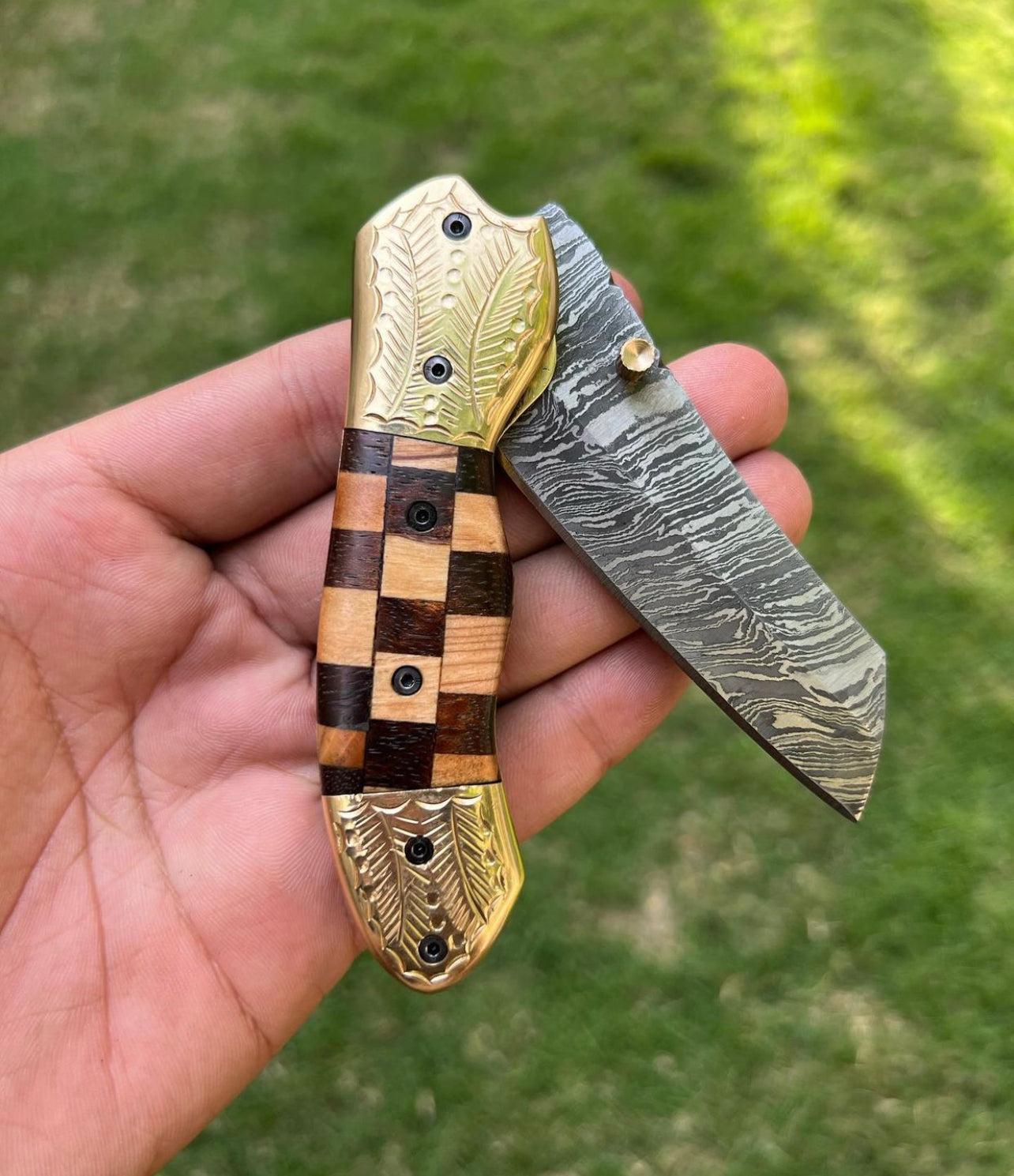 Custom Handmade Damascus steel Tanto Blade EDC Folding Pocket Knife - Image #2