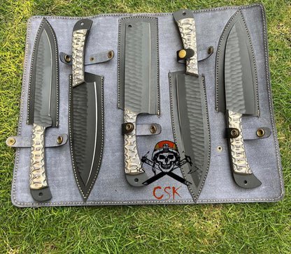 5 pieces custom made d2 steel Black coated chef knives set - Image #1