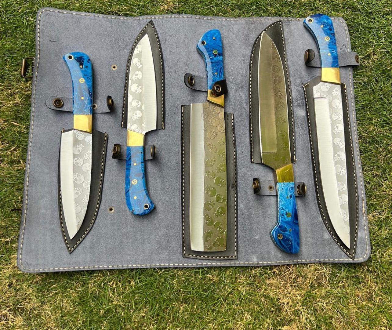 5 pieces Custom made D2 steel laser Etched Blades chef knives set - Image #1