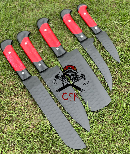 custom made Hand Forged D2 steel Black Coated 5pcs Chef set