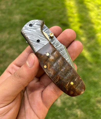 Custom Handmade Damascus steel Tanto Blade EDC Folding Pocket Knife