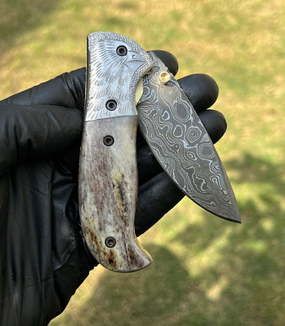 Damascus pocket folding knife