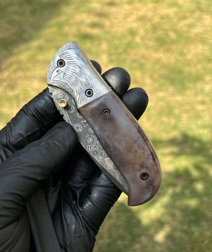 Damascus pocket folding knife