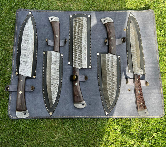 Hand Forged Damascus steel kitchen chef knives set