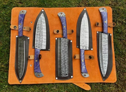 Damascus Steel Fixed Blade Hand Forged kitchen set