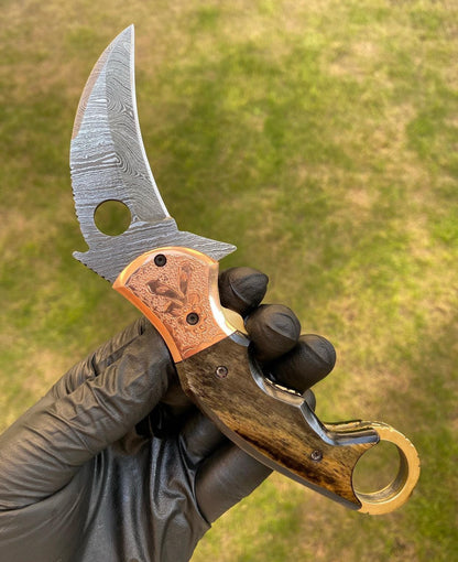 Damascus Folding Pocket knife With Karambit  Design