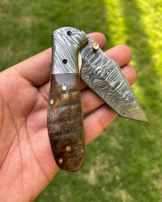 Custom Handmade Damascus steel Tanto Blade EDC Folding Pocket Knife