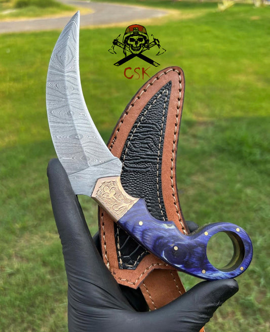 Custom Handmade Damascus steel Ring Tail karambit knife