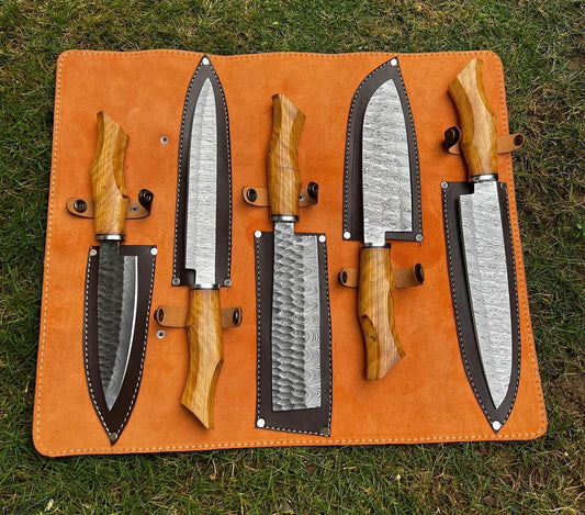 5 pieces custom made Damascus steel chef knives set