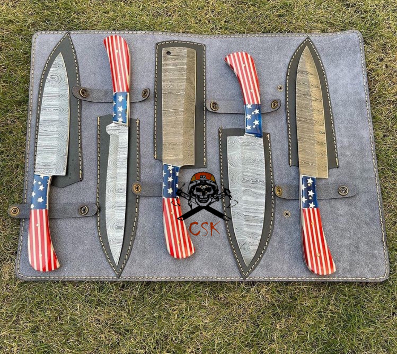 5 pieces Handmade Damascus steel USA Flag kitchen chef knives