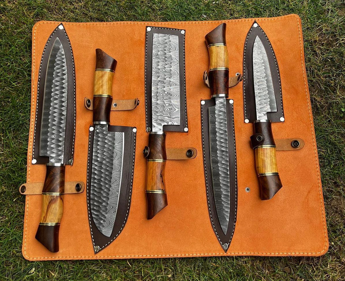 5 pieces custom made Damascus steel chef knives set