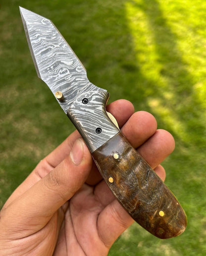 Custom Handmade Damascus steel Tanto Blade EDC Folding Pocket Knife